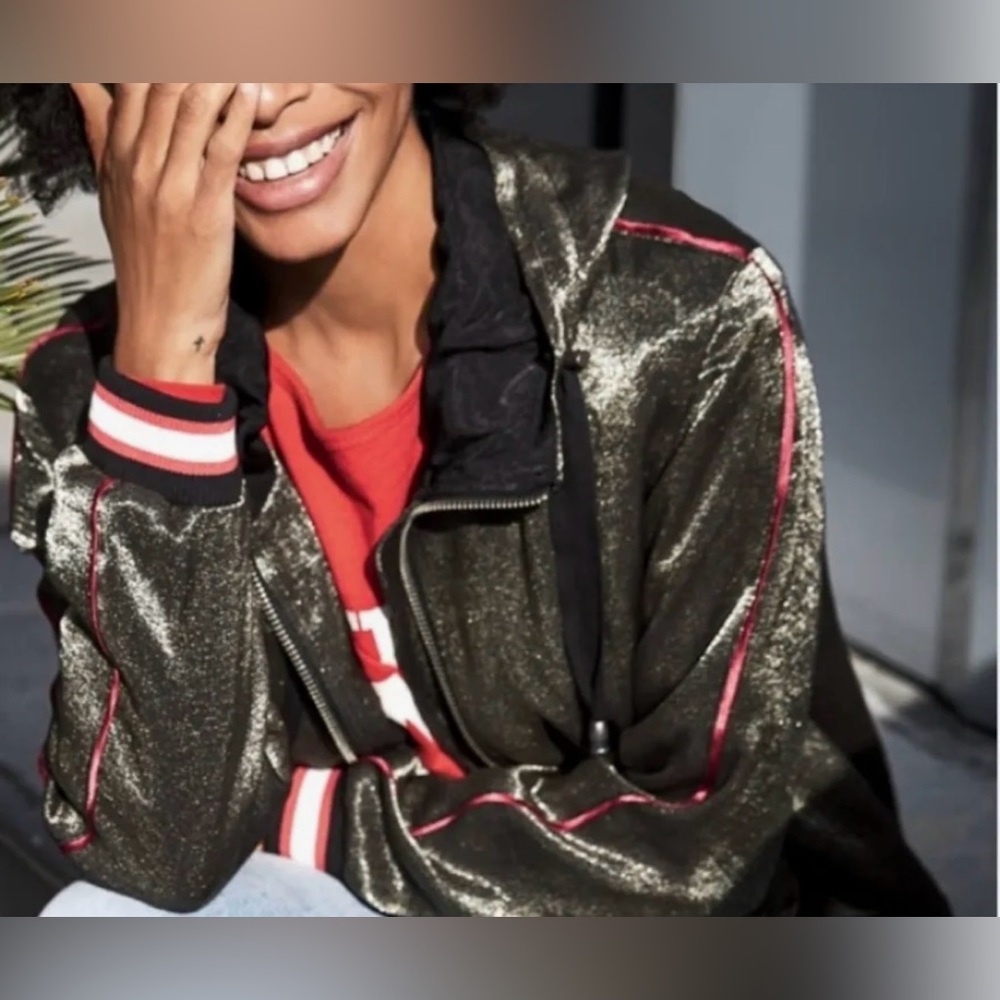 Free People Shimmery Metallic Double Zip Hooded Bomber Jacket